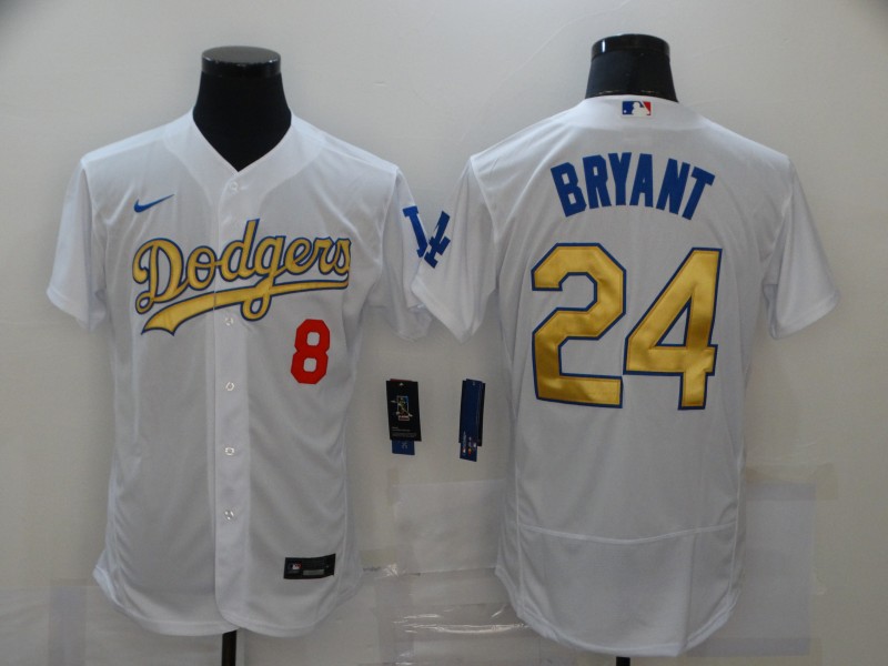 Men's Los Angeles Dodgers Front #8 Back #24 Kobe Bryant 2021 White Gold Sttiched Jersey